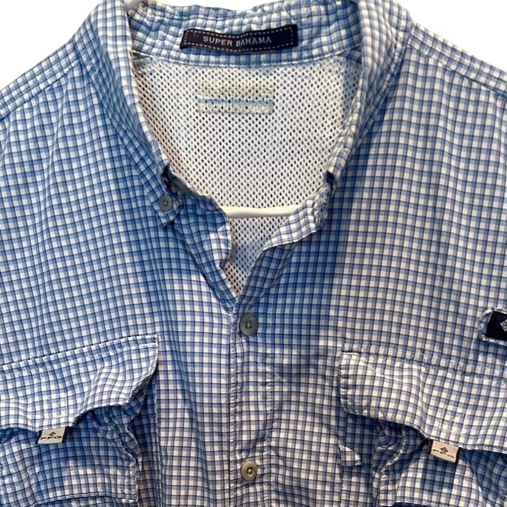 Columbia PFG Super Bahama Shirt XL Men;s Blue Gingham Check Fishing Short Sleeve